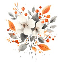 Wall Mural - Watercolor painting of a white flower bouquet with orange and gray leaves,