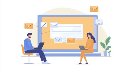 Poster - email service concept with people scene for web. man makes advertising mailing. woman receives onlin