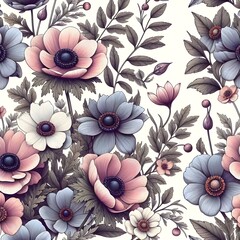 Sticker - decorative flowers and leaves Seamless pattern, background.