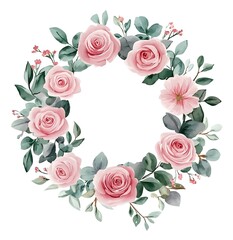 Wall Mural - Watercolor pink floral wreath, with roses and eucalyptus leaves, on a white background,