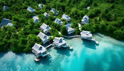 Wall Mural - Tropical overwater bungalow embraced by lush greenery and shimmering turquoise waters from an aerial perspective