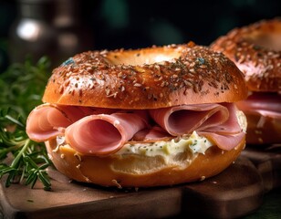 Bagel with ham, cheese and herbs on a dark background