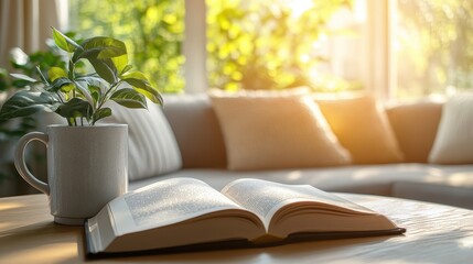 Peaceful Reading Nook with Houseplant and Cozy Couch