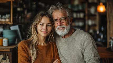 A young woman and her father smile warmly at the camera.