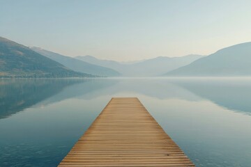 Wall Mural - Wooden Dock Extending into a Misty Mountain Lake