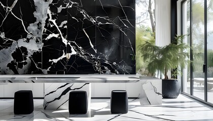 Elegant close-up of abstract black marble pattern showcasing natural beauty and architectural design elements in striking contrast with white highlights