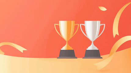 flat vector illustration of two different shiny golden and silver standing satin award cups on their base, in front of a red background with gold ribbon elements.