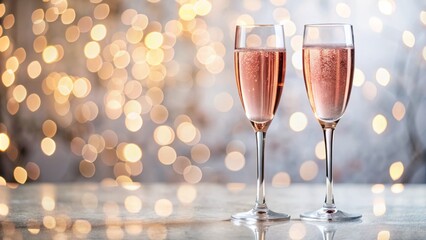 Two elegant pink champagne glasses, filled to the brim with bubbly wine, sit poised on a crisp white