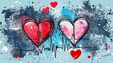 Poster - An abstract design features two hearts outlined with heartbeat lines, immersed in vivid splashes of red, pink, and blue paint against a textured backdrop.