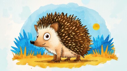 Sticker - Adorable cartoon hedgehog in vibrant watercolor, bringing charm and whimsy to life in every brushstroke.