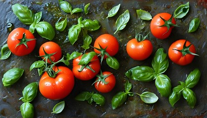 Wall Mural - Fresh tomato and aromatic basil leaves arrangement