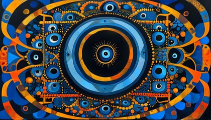 Wall Mural - Vivid Blue Abstract Mandala with Black Art Circle and Intricate Mathematical Patterns in a Bohemian Indian Style