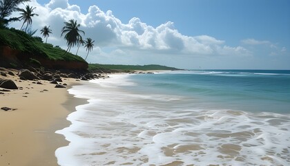 Wall Mural - serene sandy beach with gentle waves and clear blue skies