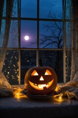 Wall Mural - Lit Jack-o'-Lantern in Window at Night