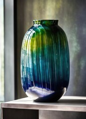 Wall Mural - Colorful Decorative glass vase with green and blue pattern on the table. Close up. ai generative