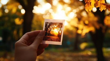 A hand holds a photo of a sunset through golden leaves, capturing the beauty of autumn in a serene outdoor setting.