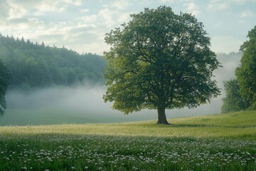 Wall Mural - A Solitary Tree in a Foggy Meadow with Wildflowers