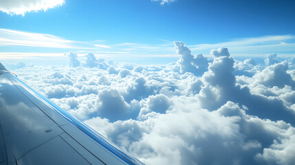 Wall Mural - Airplane wing: Airplane wing slicing through cloudy blue sky