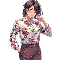 Sticker - Anime girl with floral pattern shirt and brown pants, smiling and looking at the camera.