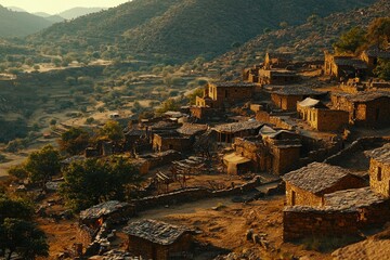 Wall Mural - Stone Village nestled in a rugged mountainous landscape.