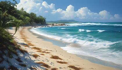 Wall Mural - serene sandy beach with gentle waves and clear blue skies