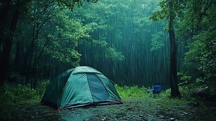 Wall Mural - A lone tent sits in a lush forest, with a heavy downpour blanketing the scene. The rain creates a dramatic atmosphere, showcasing the vibrant green foliage 