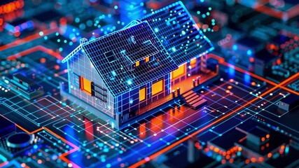 Leinwandbilder - A futuristic house model sits on a vibrant circuit board, illuminated by glowing circuits, representing the integration of technology in modern home design and smart living.