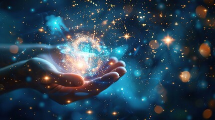 Cosmic Energy in a Hand Against Starry Background