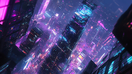 Wall Mural - Floating glass tower in a neon-lit cityscape