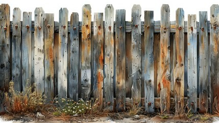 Rustic Hand-drawn Watercolor Fence for Country Summer House Decor, Greeting Cards, and Invitations