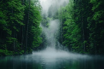 Wall Mural - Foggy Lake Surrounded by Lush Green Trees