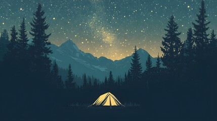 Wall Mural - A Single Tent Illuminated by the Night Sky in a Forest Valley