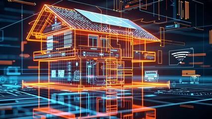 Leinwandbilder - A detailed representation of a futuristic smart home, featuring glowing digital outlines and advanced circuitry integrated within a virtual urban landscape during nighttime.