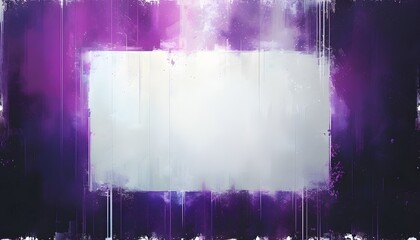 Wall Mural - Cyberpunk-inspired abstract composition with a large empty rectangle framed by purple and white brush strokes, featuring a stark white space above.