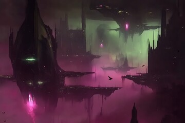 Poster - Futuristic Cityscape with Floating Islands and Pink Haze.