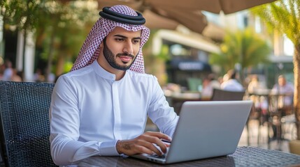 arabic businessman sitting in outdoor restaurant working online with laptop computer. middle eastern