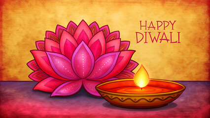 Wall Mural - beautiful Diwali greetings with lotus flower and candle