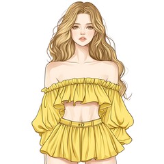 Sticker - Illustration of a beautiful woman wearing a yellow off-the-shoulder top and skirt.