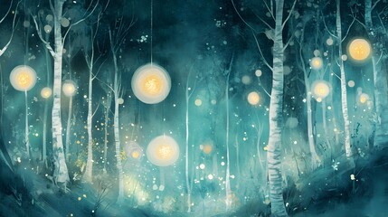 Wall Mural - A Watercolor Painting of a Mystical Forest at Night