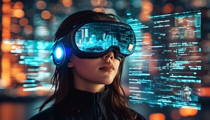 Visionary AI engineer immersed in holographic data and code against a stunning futuristic cityscape, enhanced by AR glasses showcasing advanced digital information