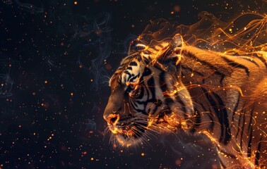 Wall Mural - A majestic tiger with fiery orange stripes and a powerful presence on a black background with sparks and smoke.