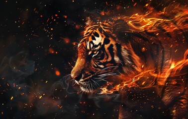 Wall Mural - A tiger with flames, fire, sparks, and smoke.