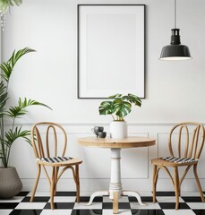 Stylish and inviting dining area interior design featuring a round wooden table, two classic chairs, a large empty frame for your art, and a chic lamp.