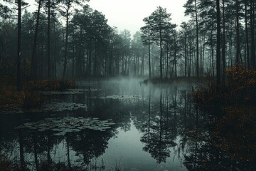 Wall Mural - Misty Forest Pond with Silhouetted Trees and Reflections