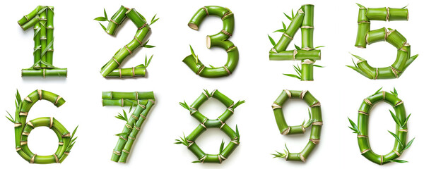Wall Mural - set of green bamboo numbers: 1, 2, 3, 4, 5, 6, 7, 8, 9, 0. isolated on white background