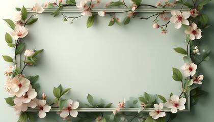 Wall Mural - Soft pastel floral border with green leaves, framing an empty page for writing or design, capturing springtime beauty and the tranquility of nature