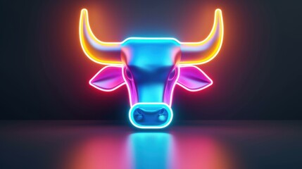 Wall Mural - A vibrant neon bull shines brightly against a dark backdrop, showcasing its bold features and dynamic energy.