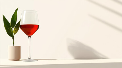 A sleek glass of red wine sits on a simple, elegant table in a modern dining room adorned with minimalist decor.