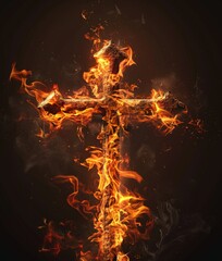 A wooden cross engulfed in flames against a dark background.