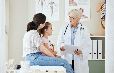 Poster - Doctor, child and talk in office for healthcare, medical advice or professional opinion with mom. Pediatrician, mother and daughter in consultation for kid recovery, diagnosis or medicare with report